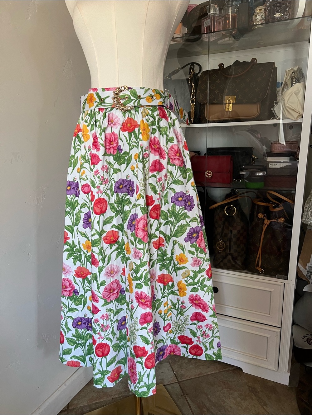 Floral A-Line Midi Skirt in White with Pink, Purple & Yellow Flowers